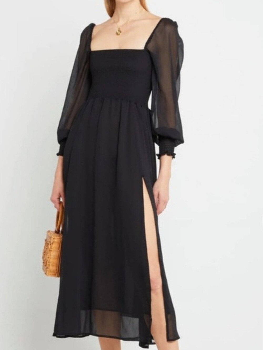 O.P.T. NWOT Black Square Neck Long Sleeve Slit Maxi Dress With Sheer Sleeves